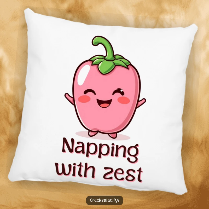 Funny pillow featuring a cheerful bell pepper character offering a bright smile, perfect for cozying up with humor.
