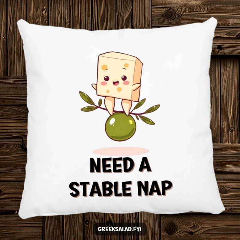 Funny pillow featuring a feta cheese character comically balancing on an olive, bringing gourmet humor and comfort to any space.