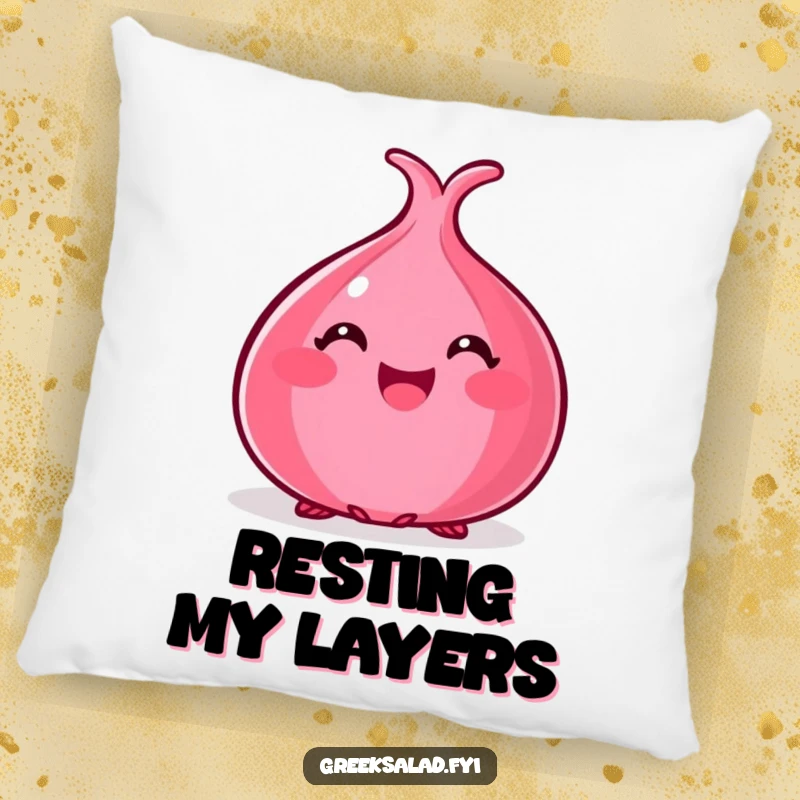 Funny pillow with a happy red onion peeking out, offering comfort and cute vegetable-themed humor.