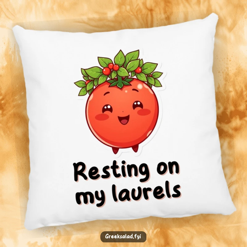 Funny tomato character wearing a laurel wreath, depicted on a soft pillow, offering comfort with a regal, humorous touch.