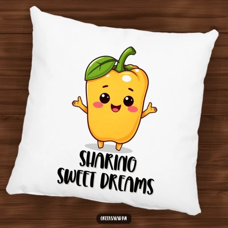 Funny bell pepper character offering a tiny olive on a soft pillow, providing comfort with a generous and humorous touch.