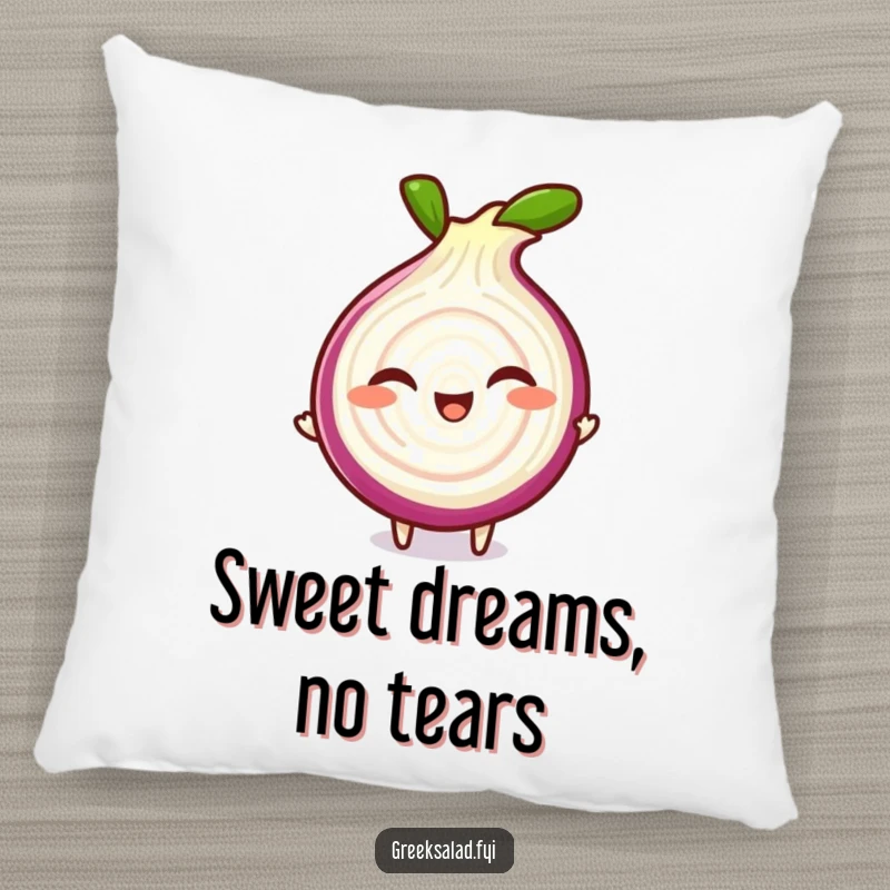 Funny pillow featuring a giggling red onion slice character in a playful spin, providing comfort and a touch of veggie humor.