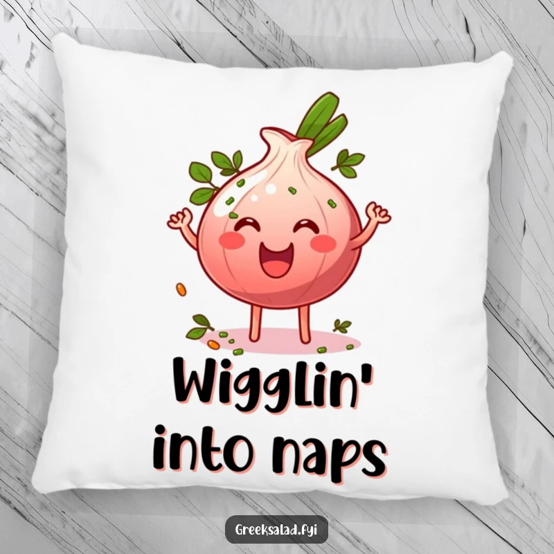 Funny grinning red onion ring character wiggling energetically and sprinkled with herbs, featured on a soft and joyful pillow.