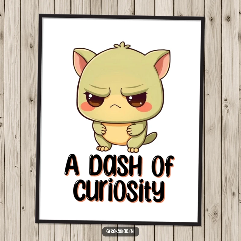 Funny digital artwork of a grumpy olive character looking intrigued, perfect for adding instant dry wit and understated humor to any room.