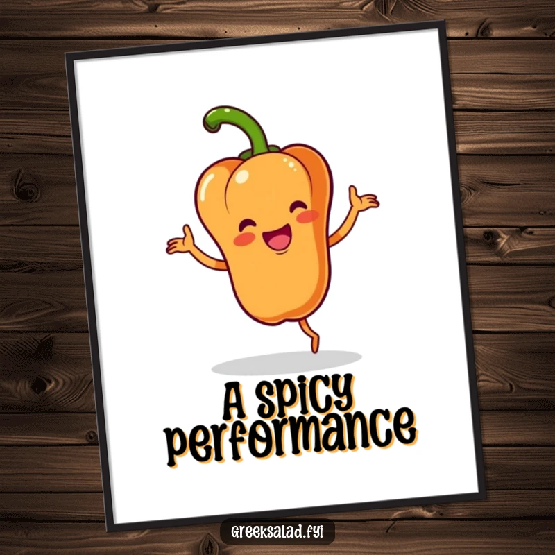 Funny digital art print of a happy bell pepper character performing an energetic jig with a flourish, perfect for vibrant, fun displays.