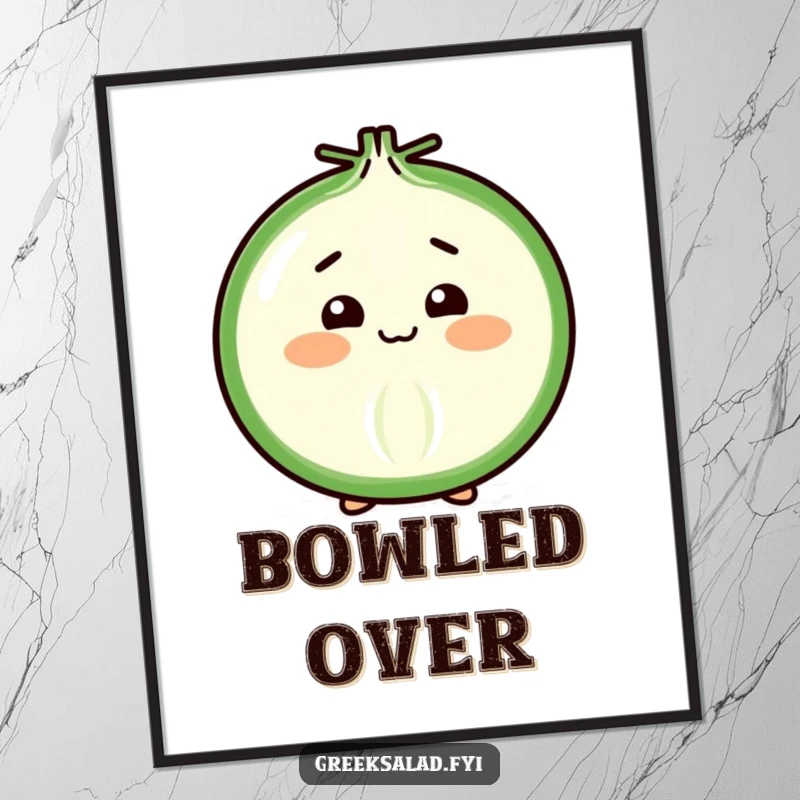 Funny Digital Art Print of a cheerful onion slice performing a shy, elegant bow, adding whimsical charm to any screen.