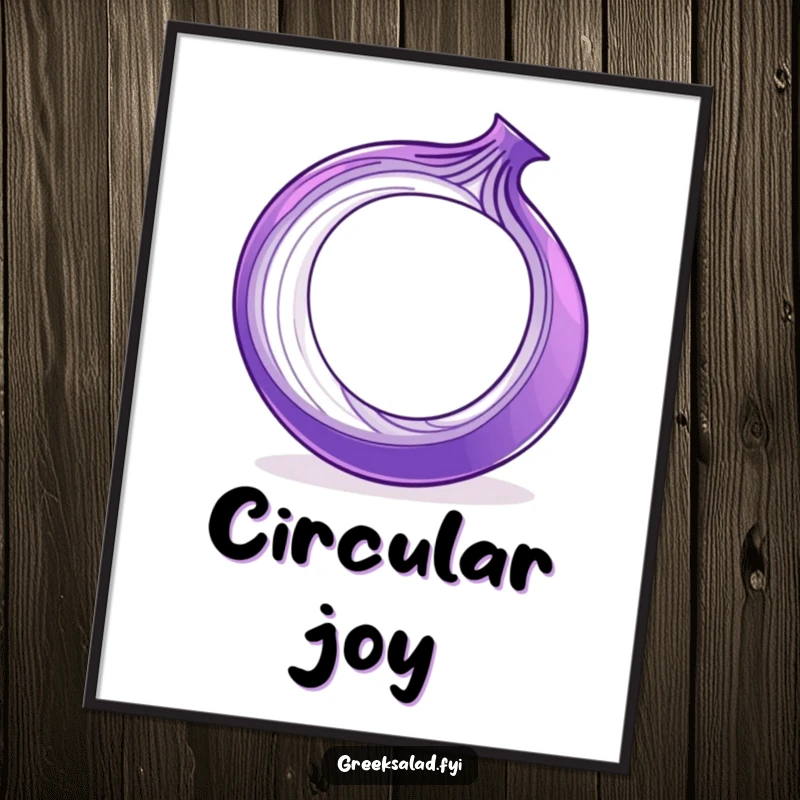 Funny purple onion ring spinning on its edge, presented as a humorous digital art print for screens.