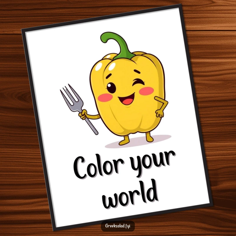Funny digital art of a jolly bell pepper in a confident pose with a mini fork, symbolizing culinary assurance for instant download.