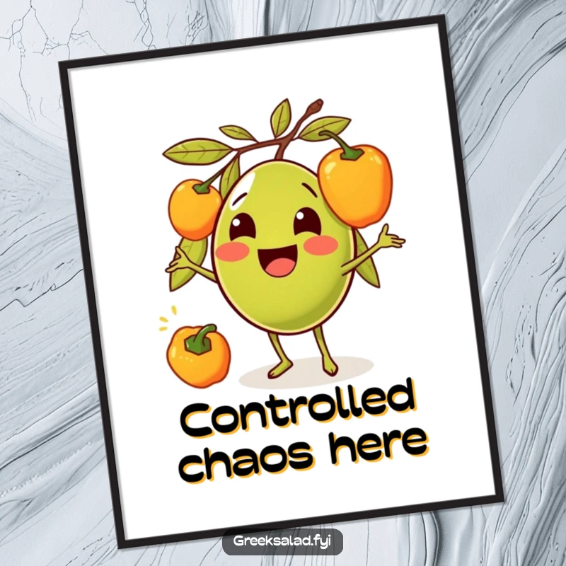 Funny digital art print of a happy olive character juggling colorful bell peppers, perfect for vibrant and humorous wall art.