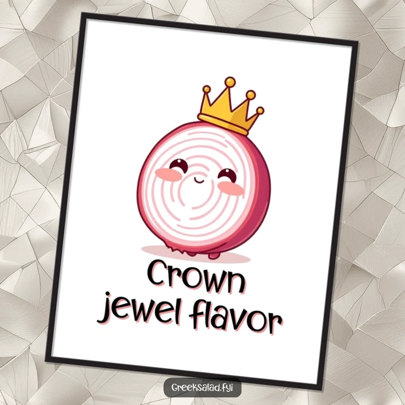 Funny digital art print of a blushing red onion slice wearing a crown, swaying gently, adding whimsical royalty.
