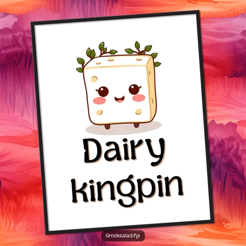 Funny Feta Cheese Digital Art Print: A happy, laurel-crowned feta cheese cube offering a burst of cheesy joy to your digital display.