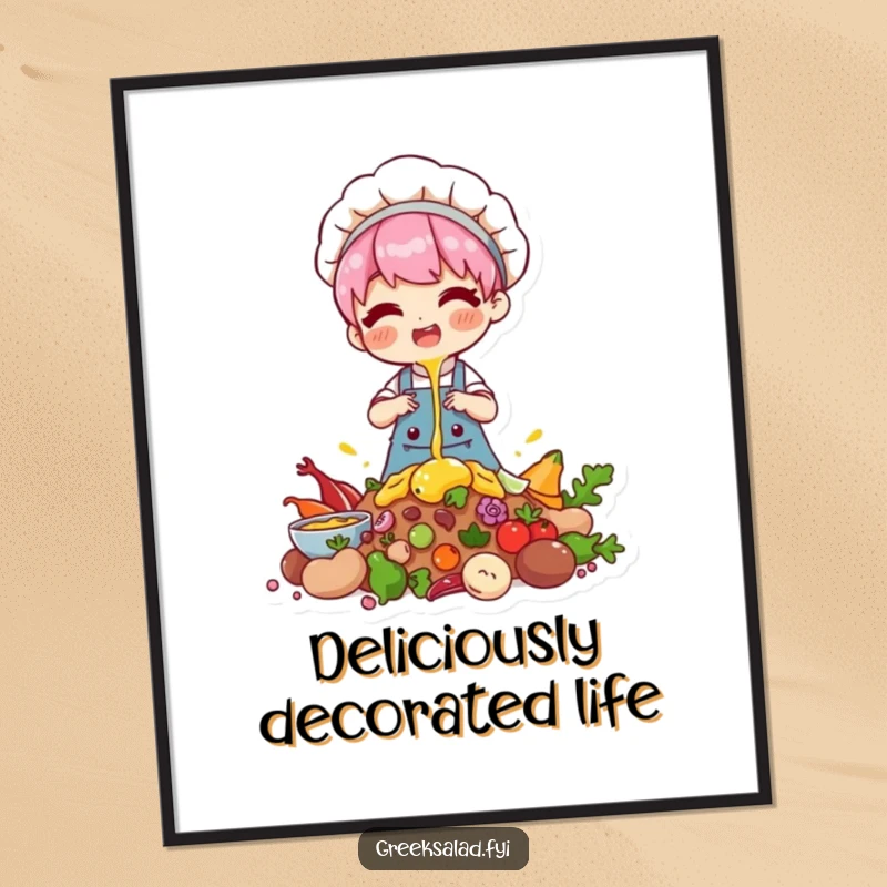 Funny digital art print of a chef character happily drizzling a topping over a pile of baking ingredients.