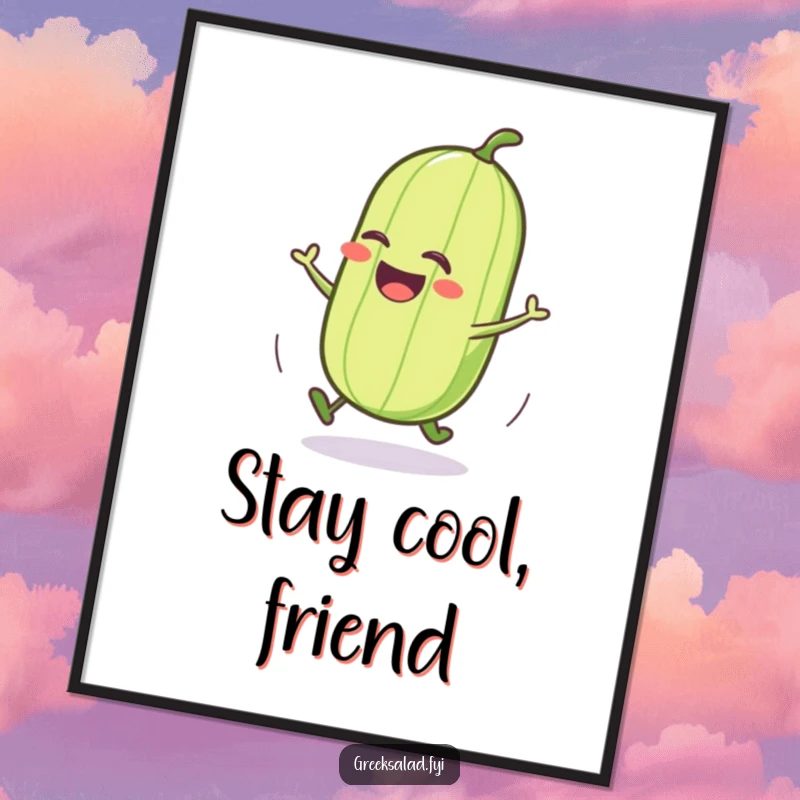 Funny cucumber digital art print of a jubilant character joyfully rolling, a humorous and cheerful addition to any wall.