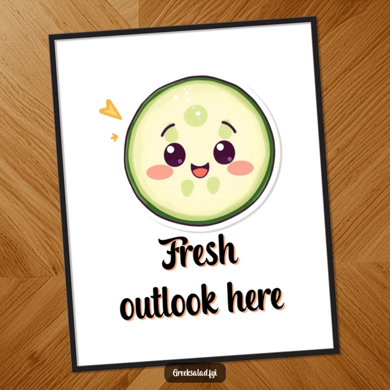 Funny digital art print of a delighted cucumber slice winking, wall decor that delivers instant veggie humor.