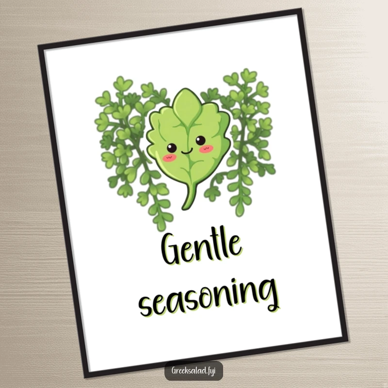 Funny digital art print of a curious oregano leaf with a gentle smile, floating softly downwards, creating a tranquil atmosphere.