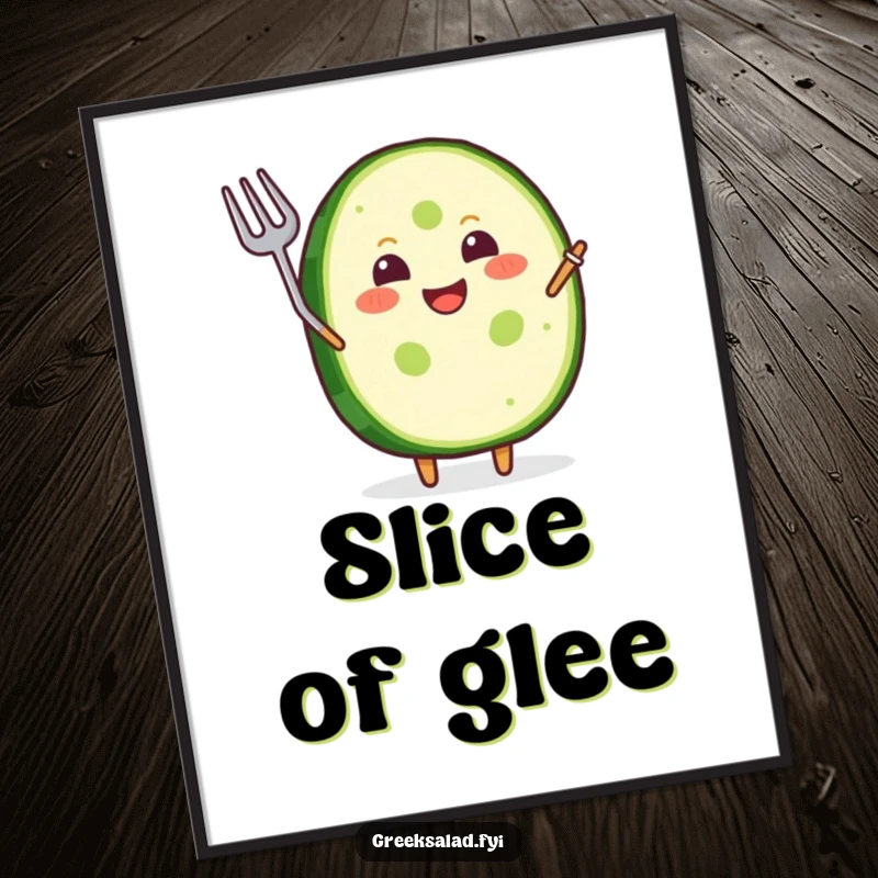 Funny Digital Art Print: A joyful cucumber slice grins and waves a tiny fork, full of humor.
