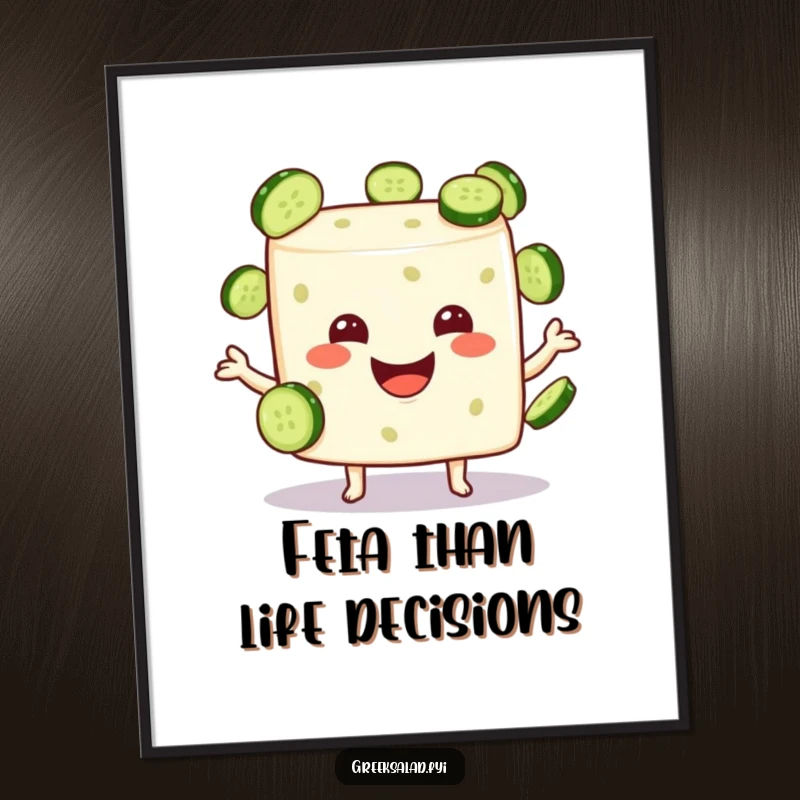 Funny feta cheese cube character smiling and juggling small cucumber slices, high-resolution digital art print.