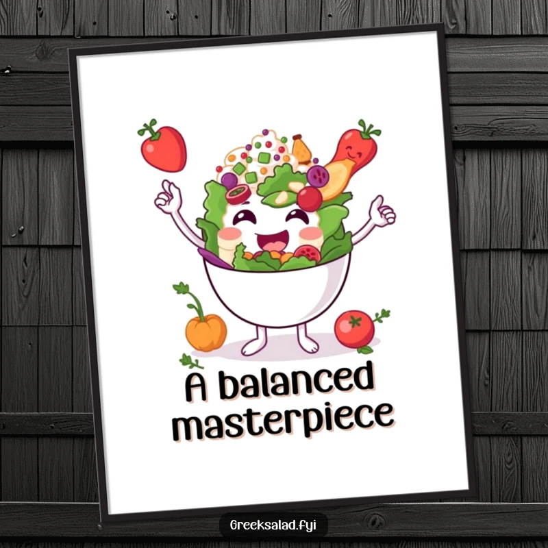 Funny smiling Greek salad bowl character balancing ingredients, displayed as a digital art print, adding balanced humor to decor.