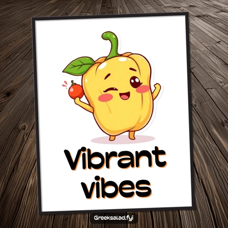 Funny digital art print of a happy bell pepper character winking and tossing a caper, exuding playful charm and cheer.