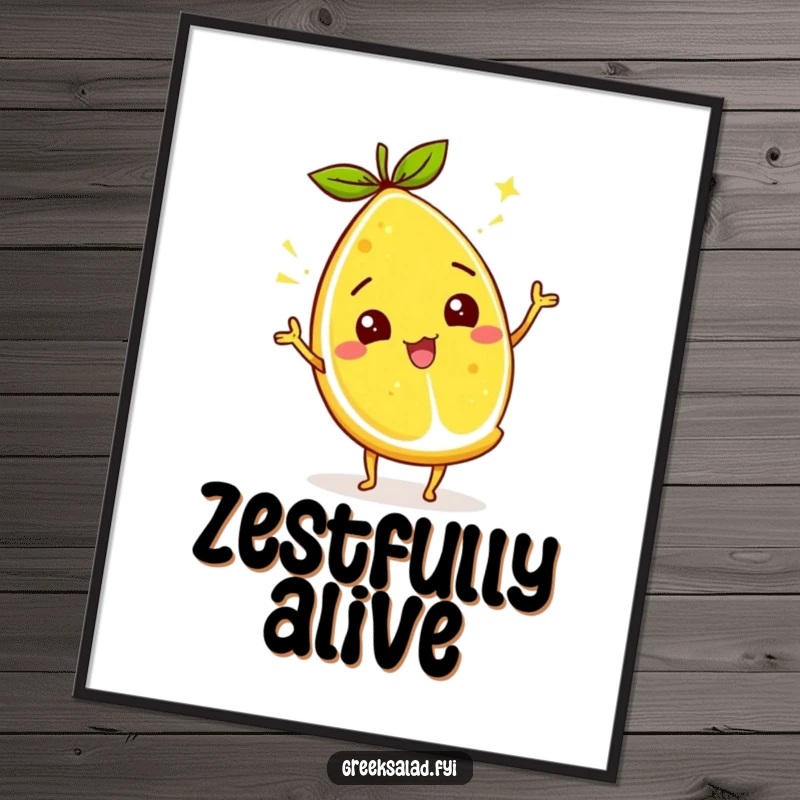 Funny digital art print of a lemon wedge character wiggling its zest with energetic charm, adding a humorous touch.