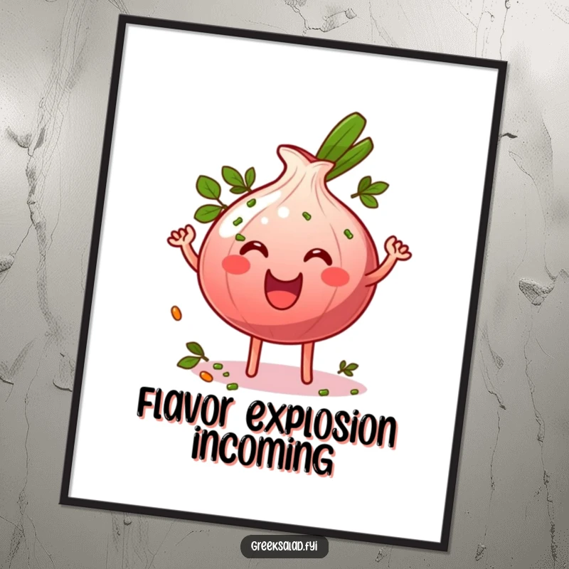 Funny grinning red onion ring character wiggling energetically and sprinkled with herbs, available as a high-resolution digital art print.