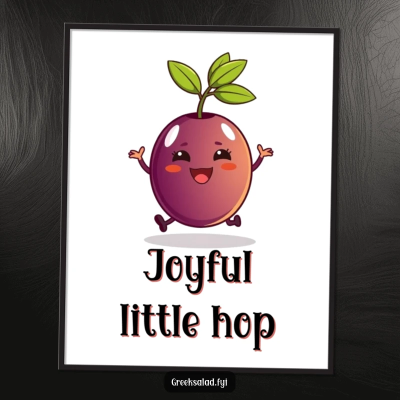 Funny Kalamata olive with stem hopping in pure delight, rendered as a digital art print for screens.