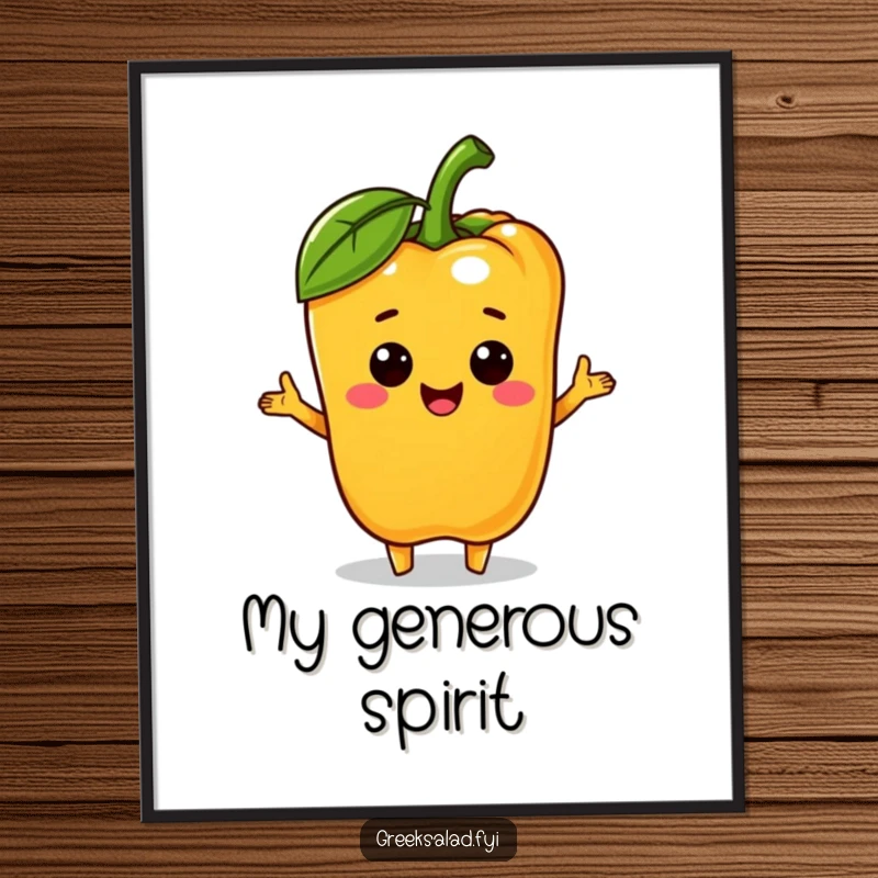 Funny bell pepper character presenting a mini olive, displayed as a digital art print, symbolizing friendship and cheerful generosity.