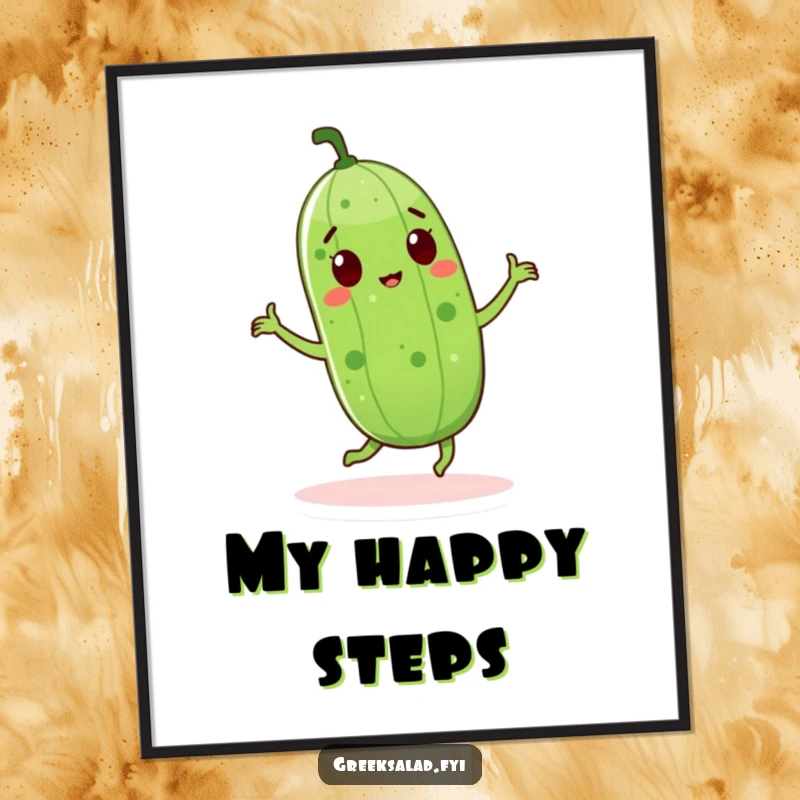 Funny cucumber character in a dynamic dance pose, presented as a digital art print, bringing lively and cheerful vibes.