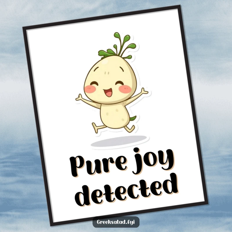 Funny digital art print of a dill sprig character joyfully hopping, radiating happiness and playful energy.