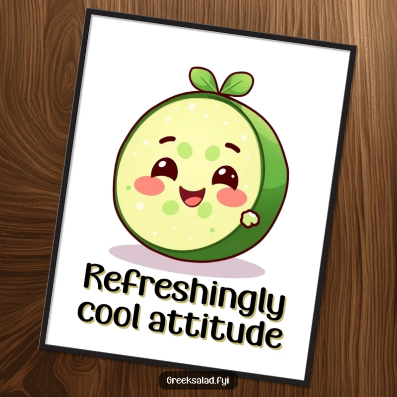 Funny delighted cucumber slice character with a cool expression and refreshing smile, available as a high-resolution digital art print.