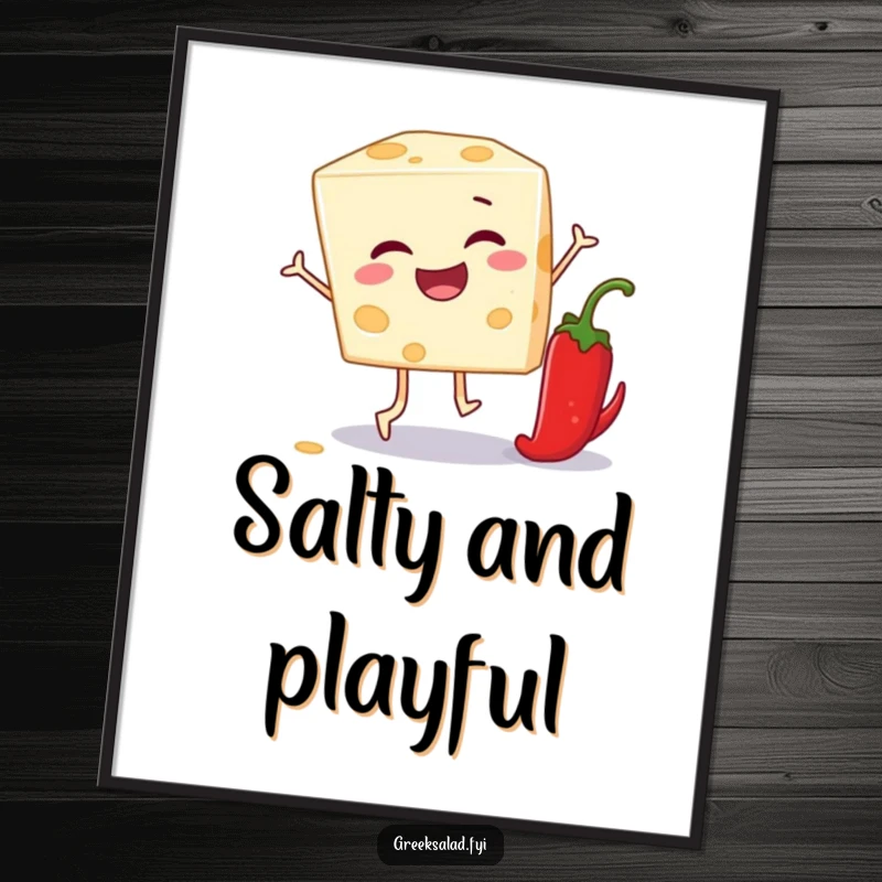 Funny digital art print of a winking feta cheese block playing leapfrog over a pepper, offering instant cheesy humor.