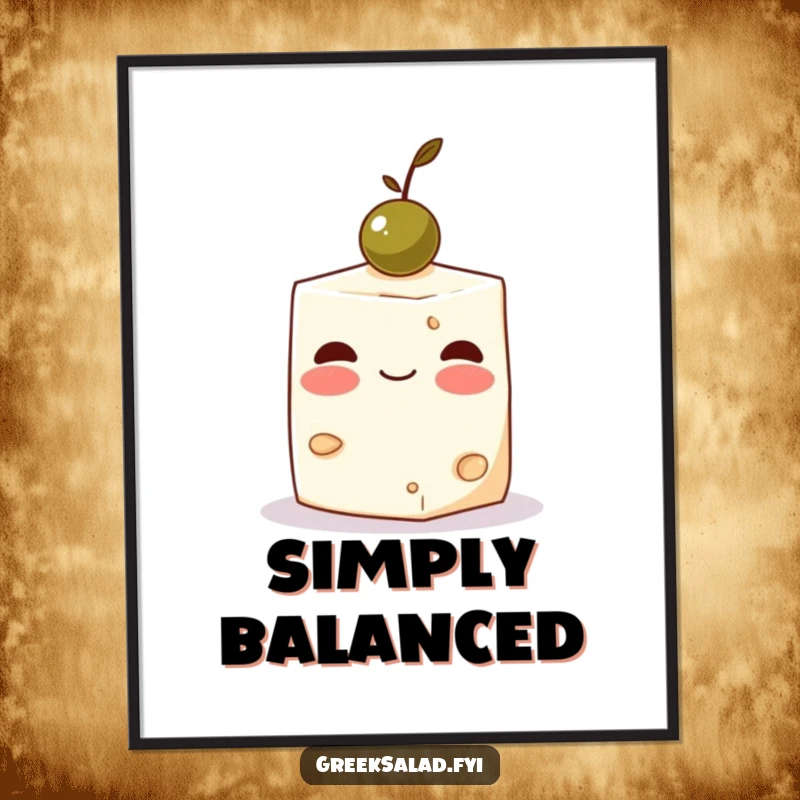 Funny Feta Cheese Olive Digital Art Print: A blushing feta cube balances an olive, offering instant cute humor.