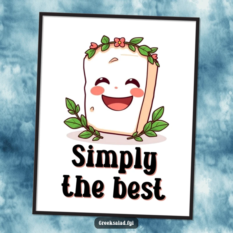 Funny Digital Art Print of a laurel-crowned feta cheese block happily spinning, capturing a moment of pure cheesy celebration.