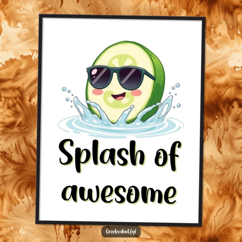Funny Cucumber Sunglasses Digital Art Print: A smiling cucumber with sunglasses splashes, offering instant cool humor.
