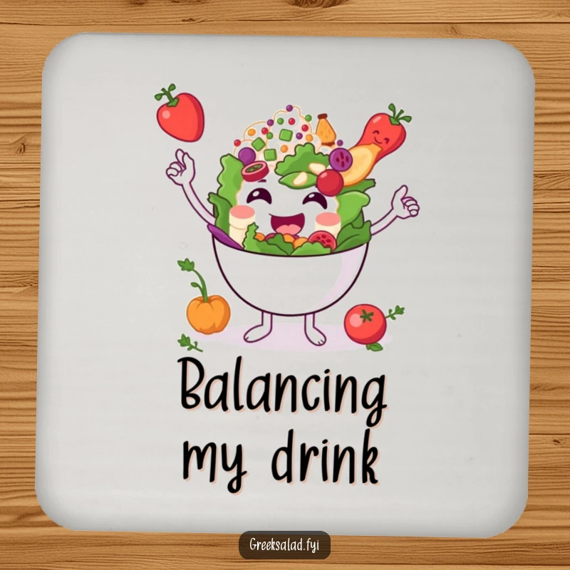 Funny smiling Greek salad bowl character balancing ingredients on a drink coaster, providing surface protection with humorous balance.