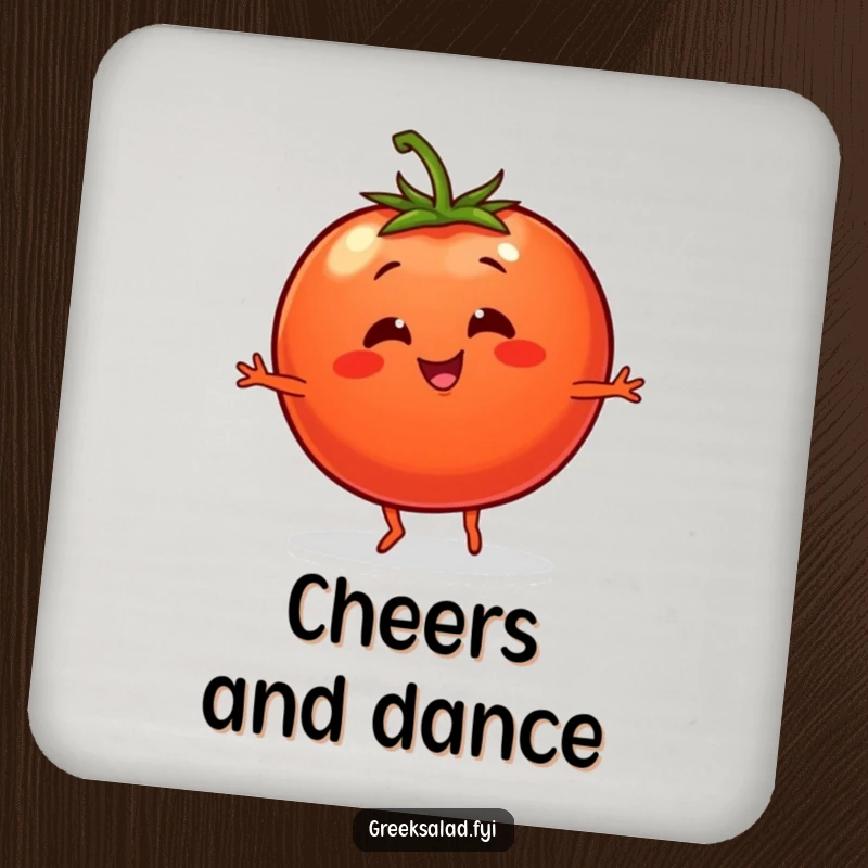 Funny coaster featuring a smiling tomato character with tiny legs performing a lively dance, protecting surfaces.