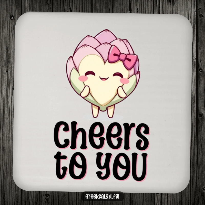 Funny delighted artichoke heart character in a sweet bow, absorbent drink coaster.