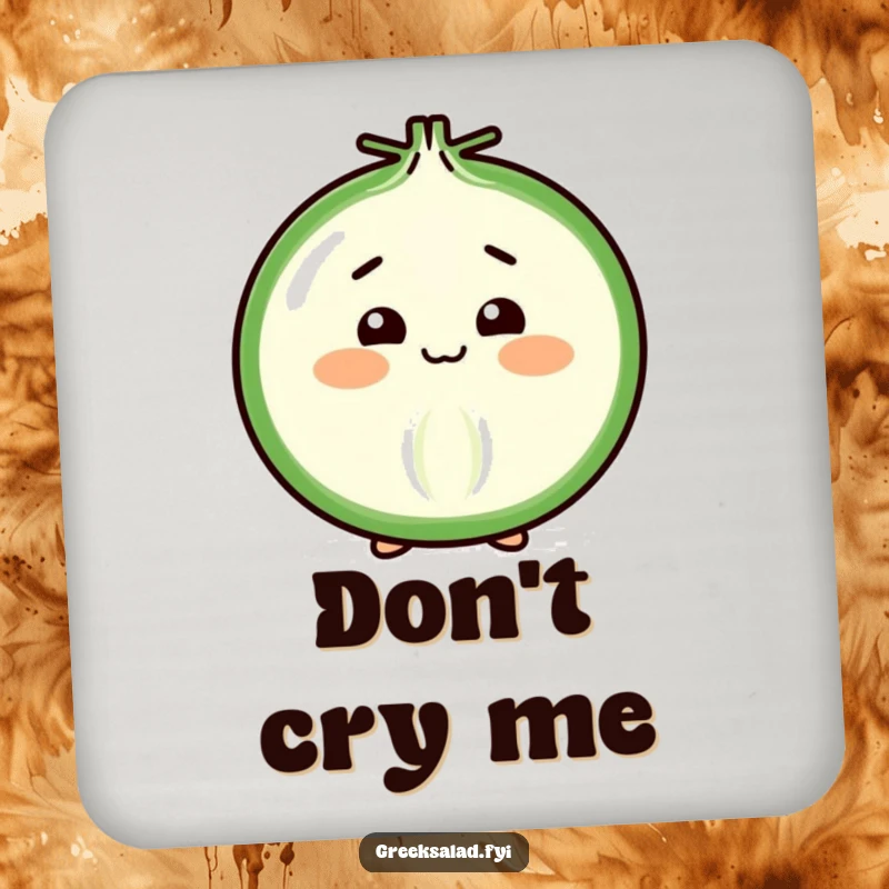 Funny Drink Coasters featuring a cheerful onion slice in a shy, respectful bow, protecting surfaces with humor.