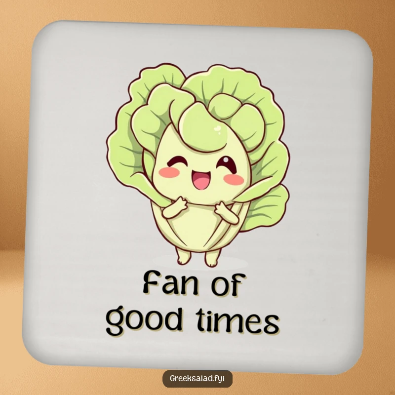 Funny drink coaster with a delighted lettuce leaf character fanning itself, offering stylish protection with a cool, humorous design.