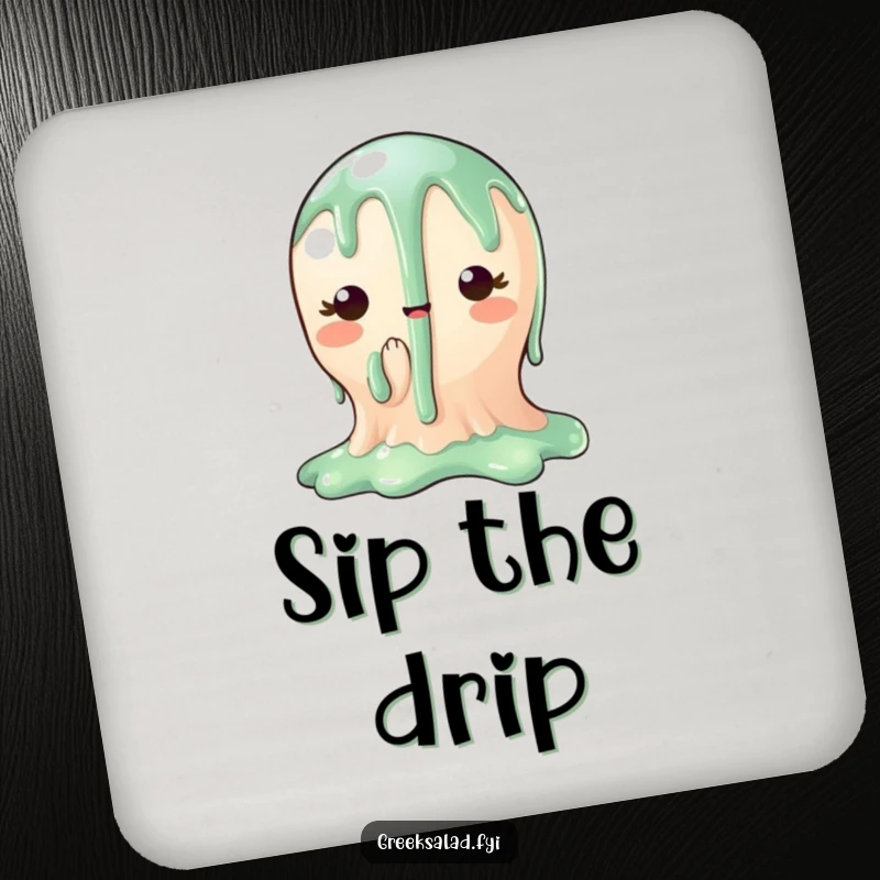 Funny drink coasters showcasing a charming balsamic glaze character dripping gracefully, protecting furniture with gourmet humor.