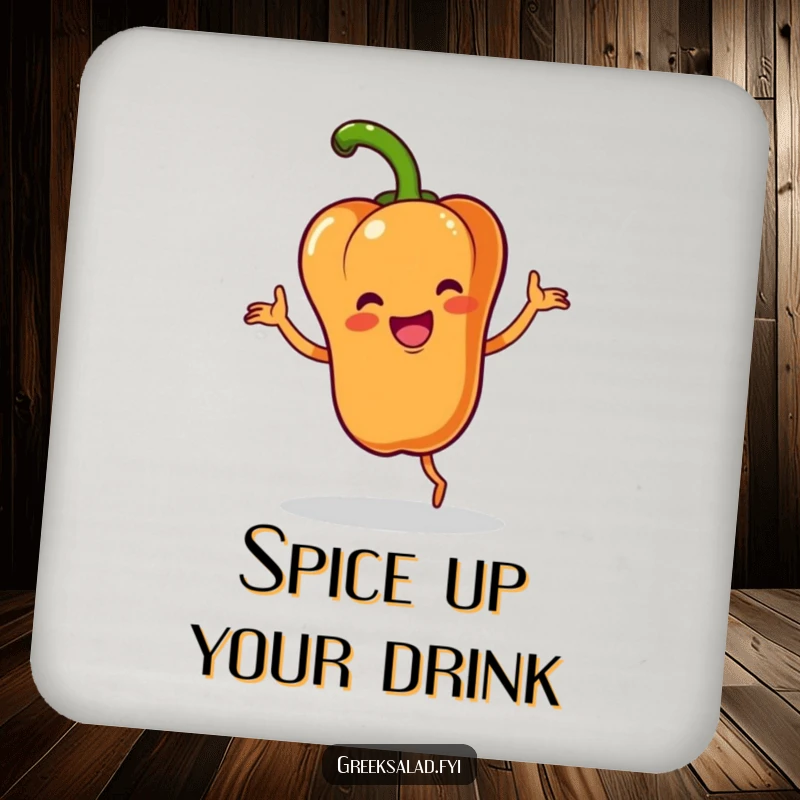 Funny drink coaster featuring a happy bell pepper character doing a lively jig with a flourish, perfect for adding dance-themed flair.