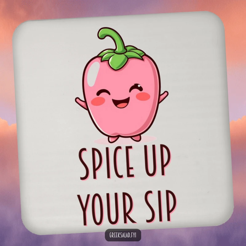 Funny drink coaster with a cheerful bell pepper character offering a bright smile, perfect for adding humor.