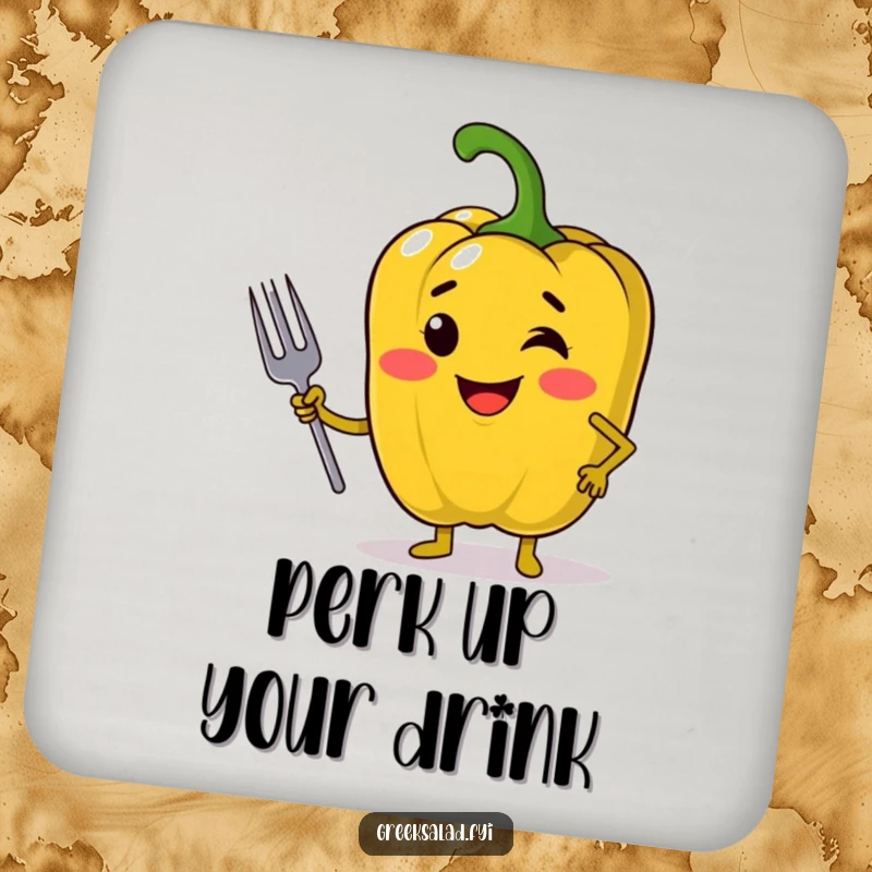 Funny coaster with a jolly bell pepper in a confident pose holding a mini fork, adding a humorous and assured touch to any surface.