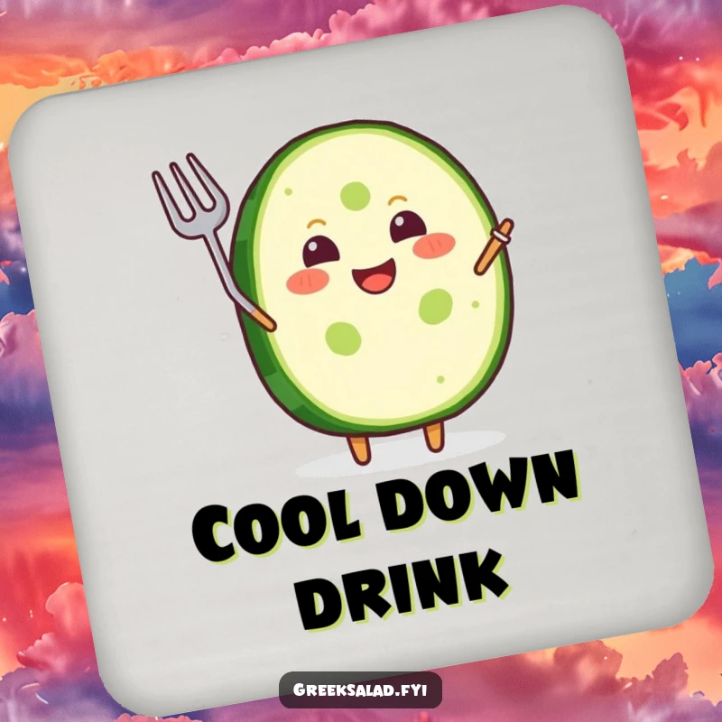 Funny Coasters: A joyful cucumber slice grins and waves a tiny fork, adding humorous charm.