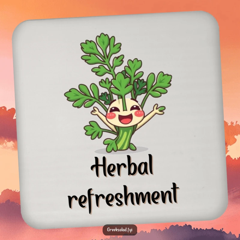 Funny Coasters: A happy parsley sprig joyfully does a somersault, adding humorous charm.