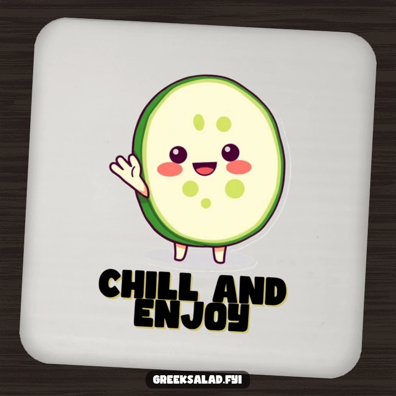 Funny drink coaster with a happy cucumber slice character waving, adding a touch of vegetable humor to beverage service.