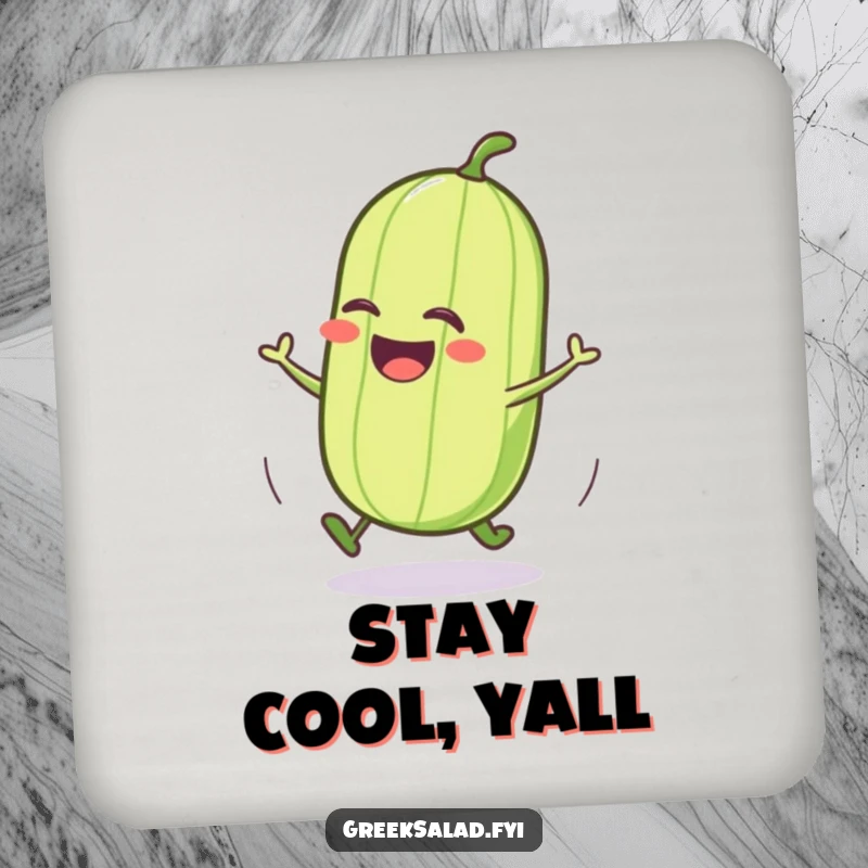 Funny cucumber drink coaster with a jubilant character doing a joyful roll, adding a humorous veggie touch to home decor.