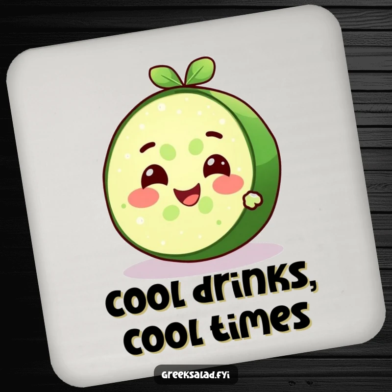 Funny delighted cucumber slice character with a cool expression and refreshing smile, presented on a functional and humorous drink coaster.