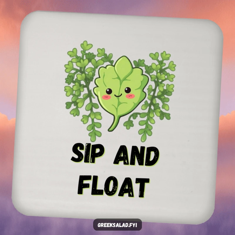 Funny drink coaster featuring a curious oregano leaf with a smile, gently floating down, protecting surfaces with peaceful humor.