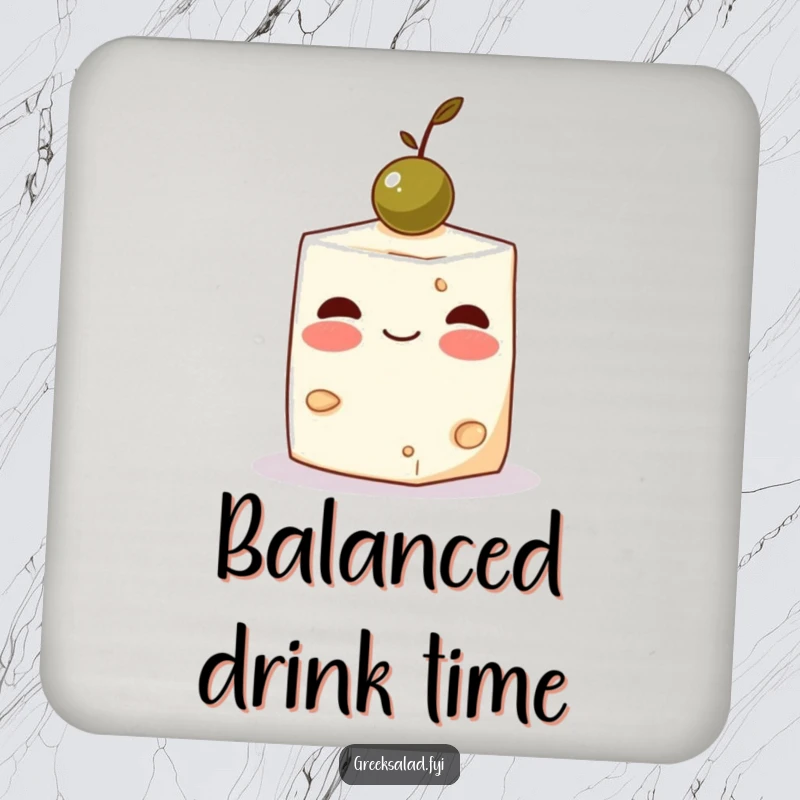 Funny Feta Cheese Olive Coaster: A blushing feta cube balances an olive, adding cute protection.